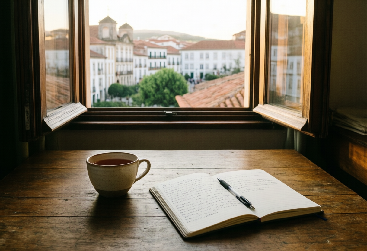 Mesa de trabalho serena com chávena de chá, caderno aberto e janela aberta sobre Coimbra